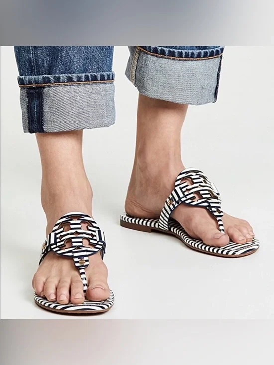 Tory Burch Navy & White Striped Patent Leather Miller Sandals - Picture 9 of 10